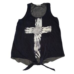 Issi‎ Tank Top Women's M Black Tie Dye Cross Gothic Grunge Mesh Back Whimsygoth